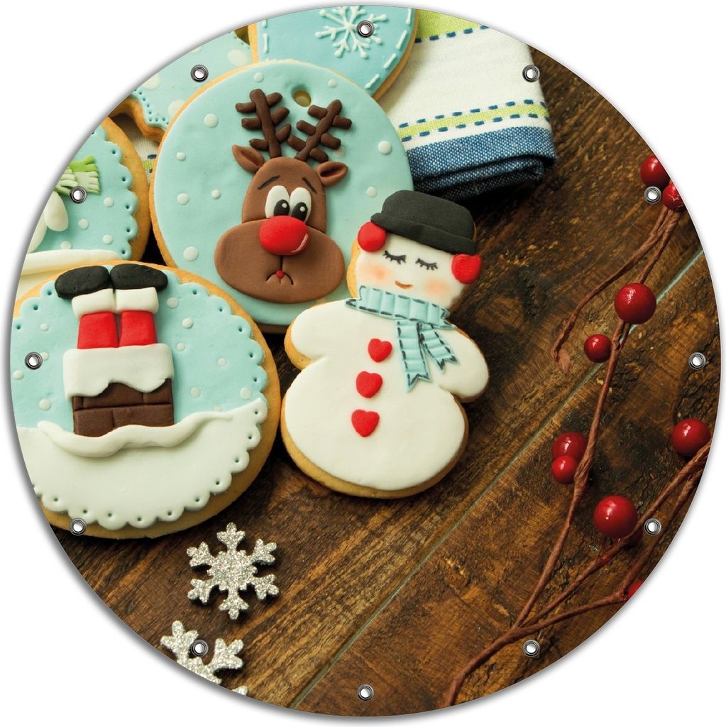 Wallario rundes Outdoor-Poster für Garten oder Balkon, Motiv Weihnachten in der Küche - Plätzchen auf einem Holztisch, 90 cm Durchmesser