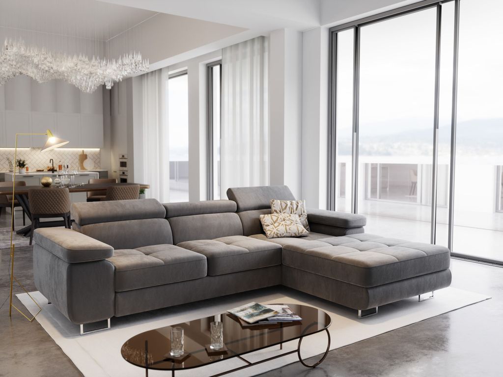 Masseno Ecksofa ELMA R-S mit Schlaffunktion L-Form, Sofa mit Bettkasten, Wohnzimmersofa, Couch, Soffa, Bettsofa, Couchgarnitur- Grau, MONOLITH 85