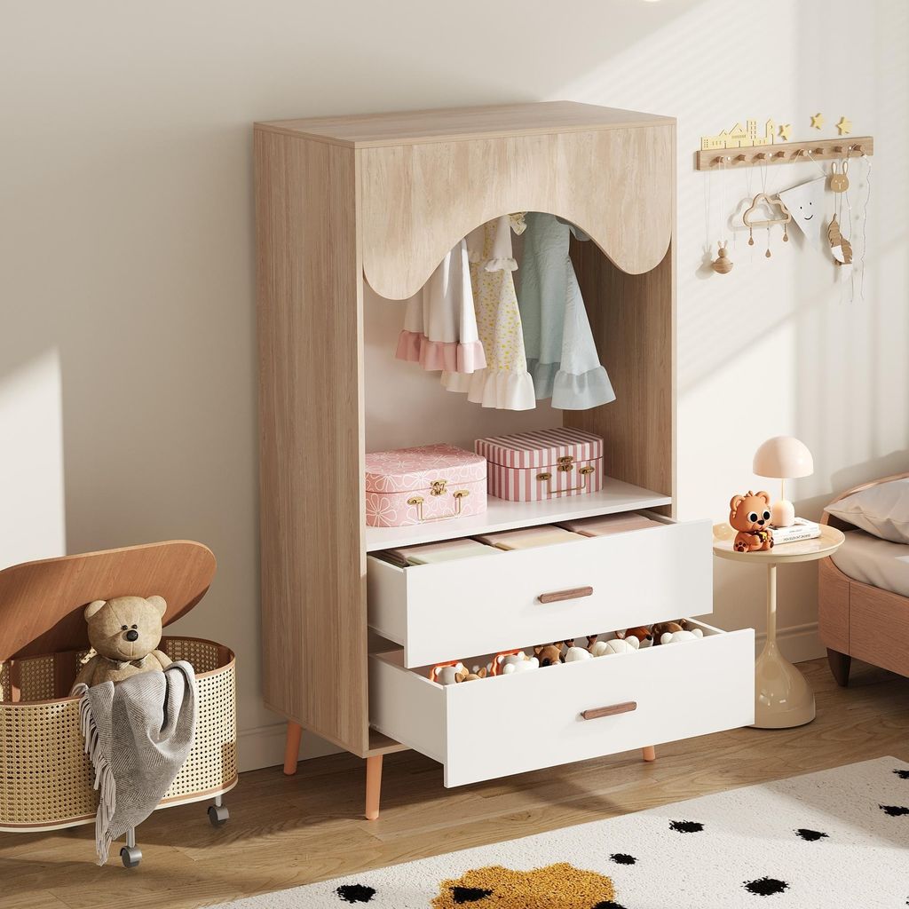 okwish Offener Kleiderschrank mit Schubladen-Design,Schrank aus Spanplatte,Schlafzimmerschrank mit Vollholzgriffen,Flurgarderobe mit Kleiderstange,...