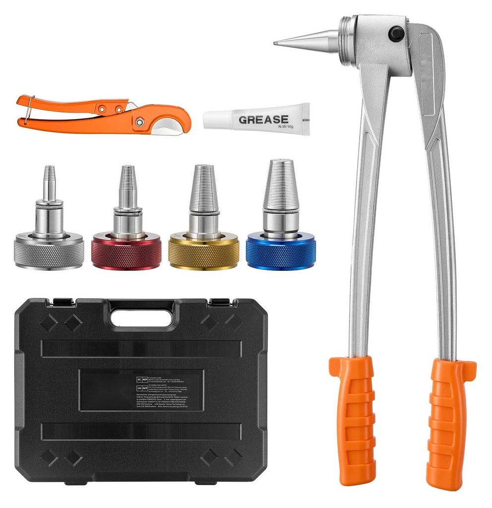 PEX-Rohrerweiterungswerkzeug-Set - Manueller PEX-Rohr-Expander - 7-teilig - 4 Matrizen 9,52/12,7/19/25,4 mm - Mit Rohrschneider - Für Heizung & Wa...