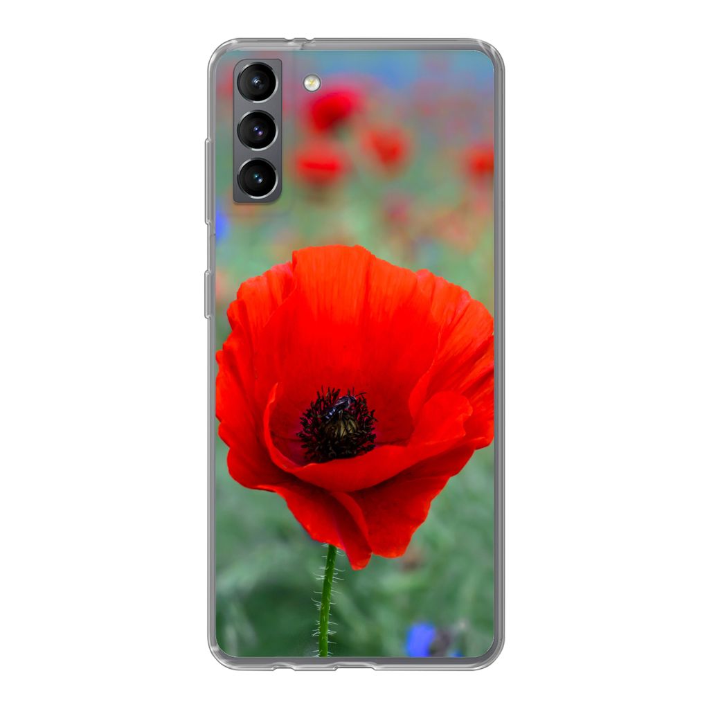 MuchoWow Handyhülle Schutzhülle Hülle für Samsung Galaxy S21 Plus Lila und rote Mohnblumen auf einer Wiese Silikon Softcase Handy Hülle - Ha...