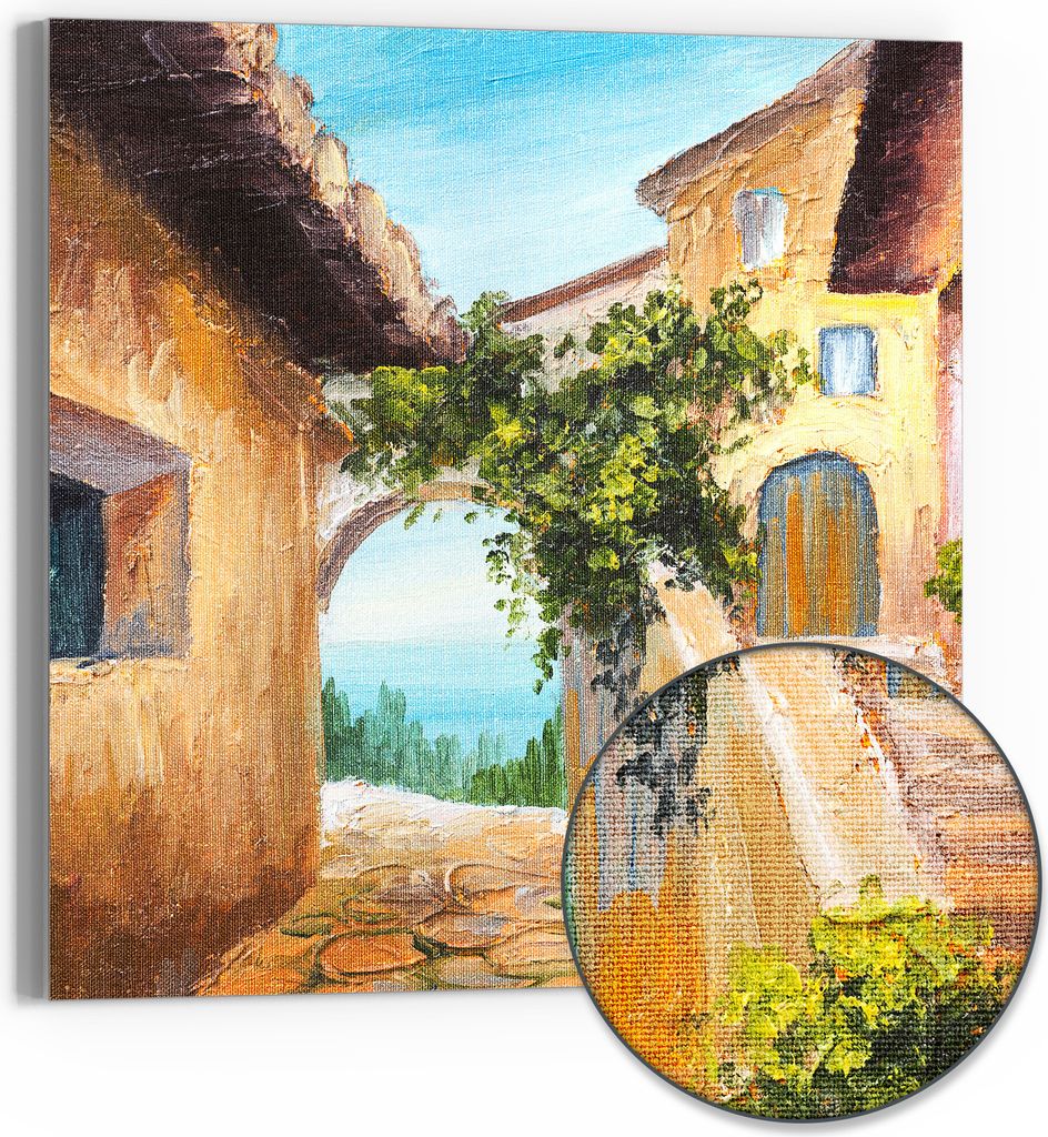 DEQORI Hybrid Leinwand Bild 50x50 cm 'Sonnige Gassen' Wandbild Glas flach modern
