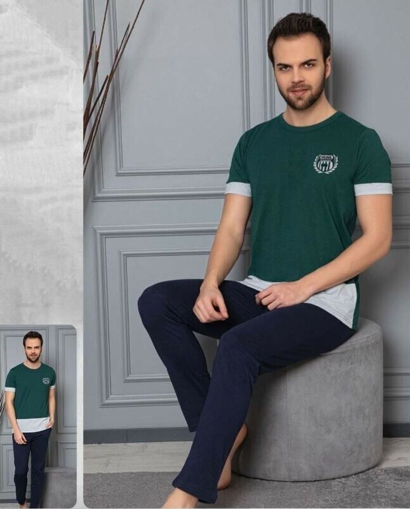 Herren Pyjama Schlafanzug Grün L Baumwolle Kurz 2-Teiler Set C-33