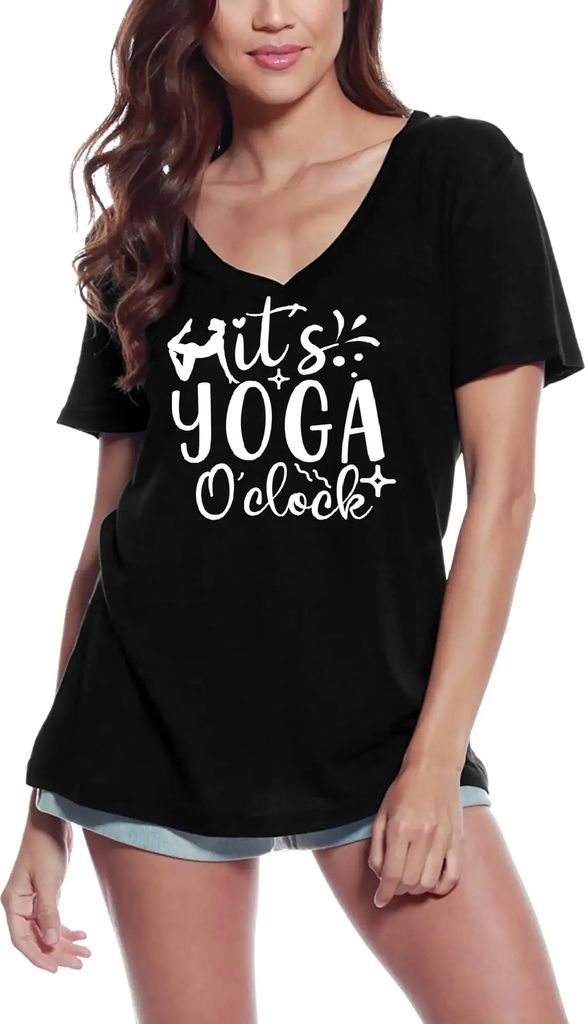 Damen Grafik T-Shirt V-Ausschnitt Es ist Yoga-Uhr – It's Yoga O'clock – Öko-Verantwortlich Vintage Jahrgang Kurzarm Lustige Druck Geburtstag G...