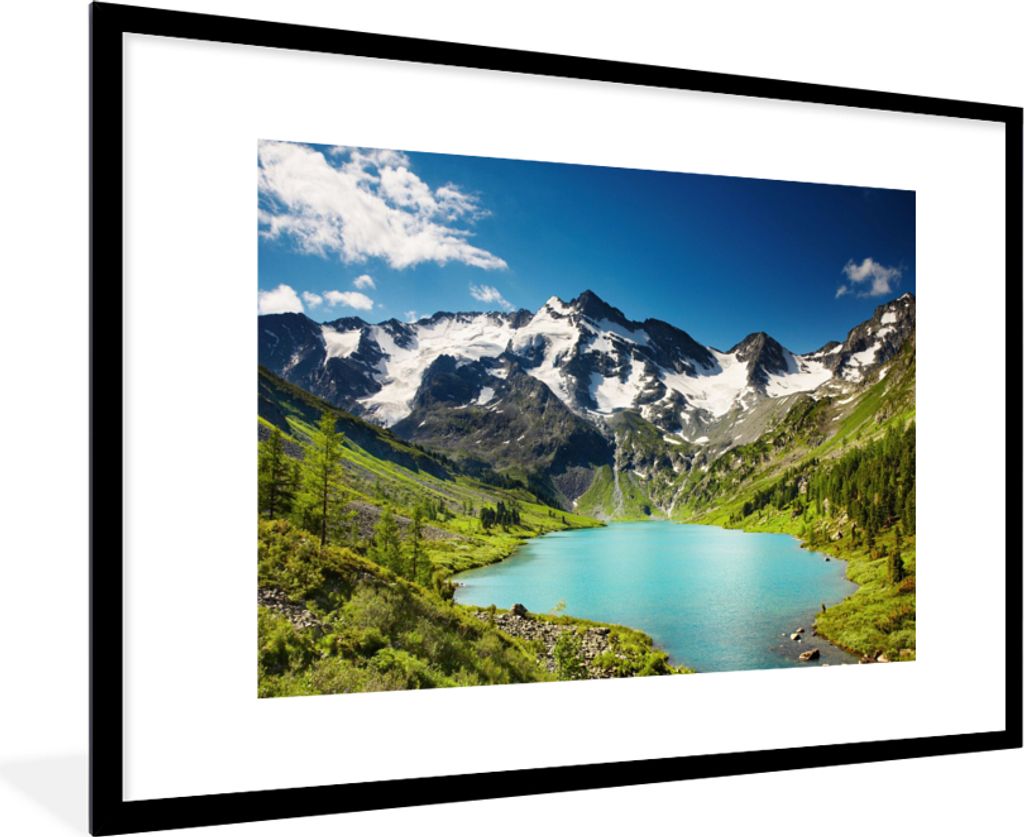 MuchoWow Gerahmtes Poster Schnee - Berg - Wasser 90x60 cm - Poster mit Schwarzem Bilderrahmen Wandposter Rahmen Foto Bilder - Wanddekoration - Fotos