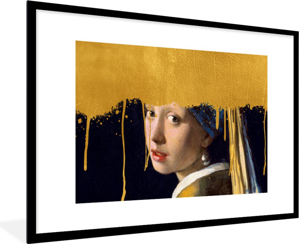 MuchoWow Gerahmtes Poster Mädchen mit einem Perlenohrring - Gold - Vermeer 90x60 cm - Poster mit Schwarzem Bilderrahmen Wandposter Rahmen Foto B...