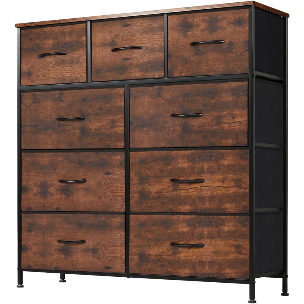 A dresser with multiple fabric drawers against a white background.