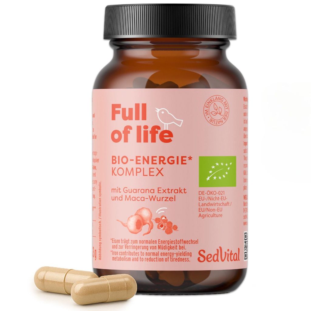 SedVital Energie Kapseln Full of life - Energie Komplex mit 90 Kapseln mit natürlichem Koffein aus Guarana sowie Eisen & Vitamin C vegan
