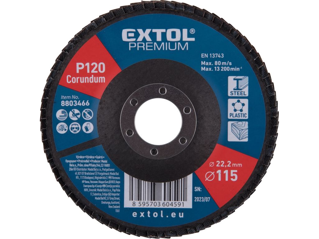 Fächerschleifscheibe Extol Premium 8803466 schräge Korund-Fächerschleifscheibe, O115mm, P120