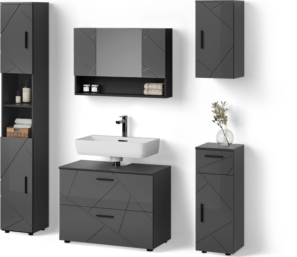 Badmöbel-Set Livinity Ronco Anthrazit Hochglanz 5 Teile, Model 52734