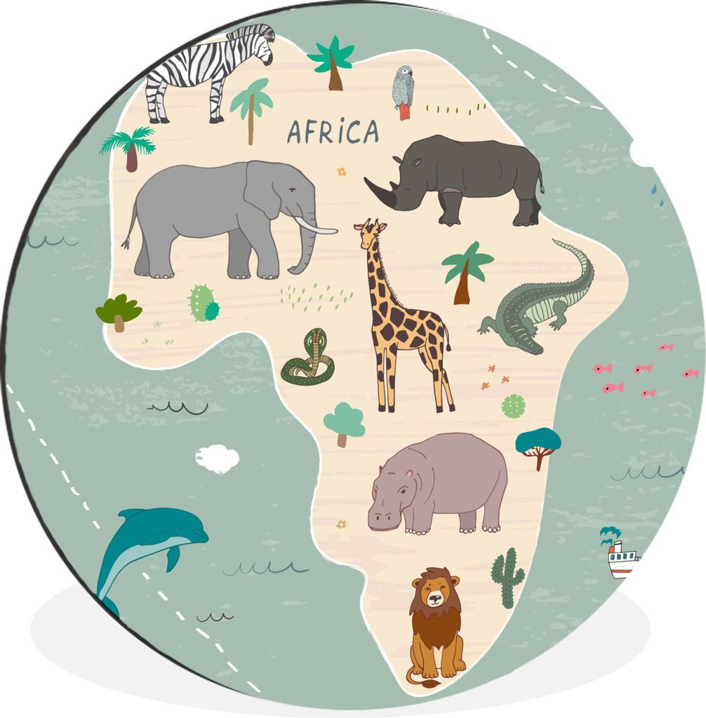 MuchoWow Aluminium Wandkreis Afrika - Weltkarte - Kinder - Tiere - Jungen - Blau - Kinder Ø 90 cm Wanddeko Modern Wohnzimmer - Mauerkreis - Wand...