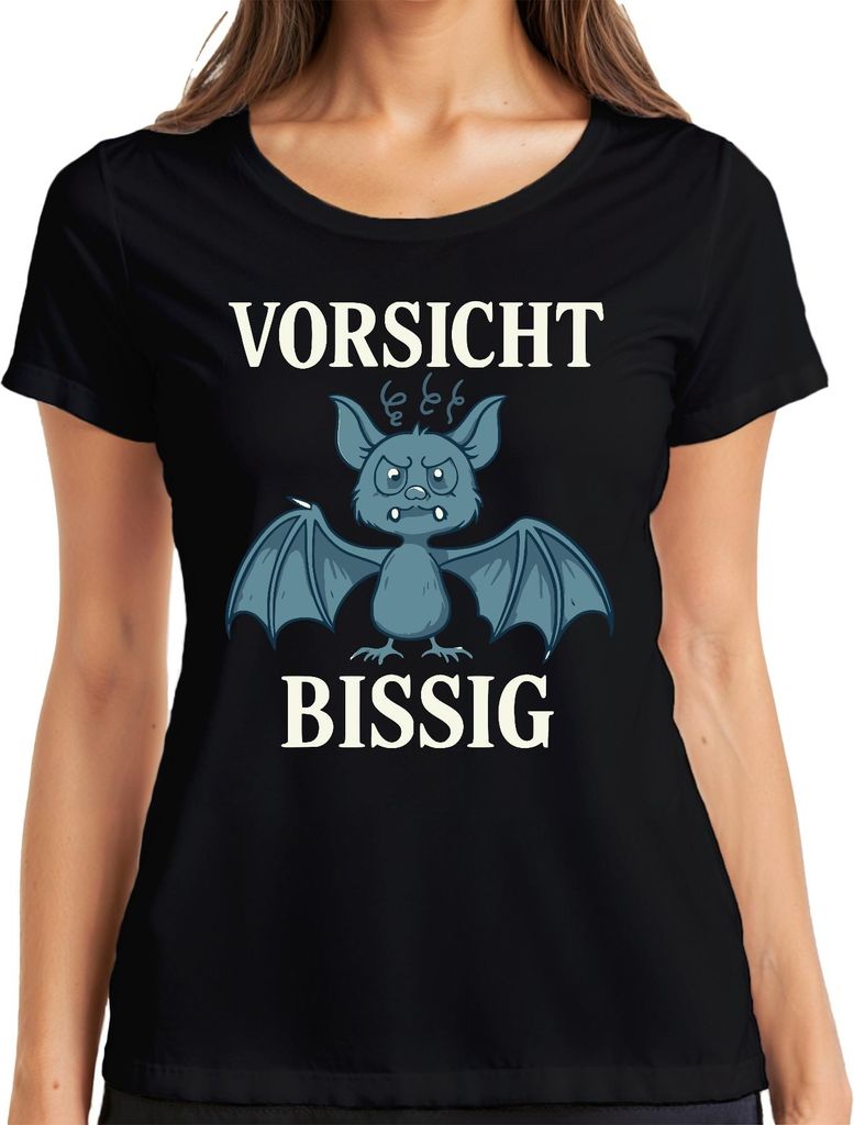 Vorsicht Bissig Fledermaus Halloween Lustig Geschenk Cartoon Damen T-Shirt, Schwarz, M
