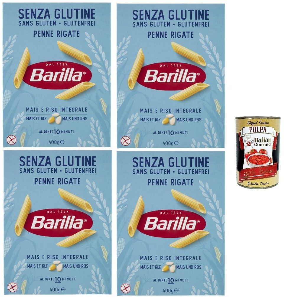 Barilla Glutenfrei Penne Rigate – 4 x 400 g (1,6 kg) | Mais & Vollkornreis, al dente in 10 Min., italienische Röhrennudeln – glutenfrei, vegan...