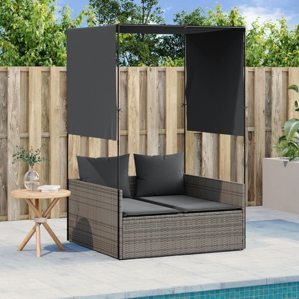 "im Angebot" Doppel-Sonnenliege - 2-Personen-Liegestuhl - für den Garten - mit Dach und Vorhängen Grau Poly Rattan - Gartenliegen CC17473
