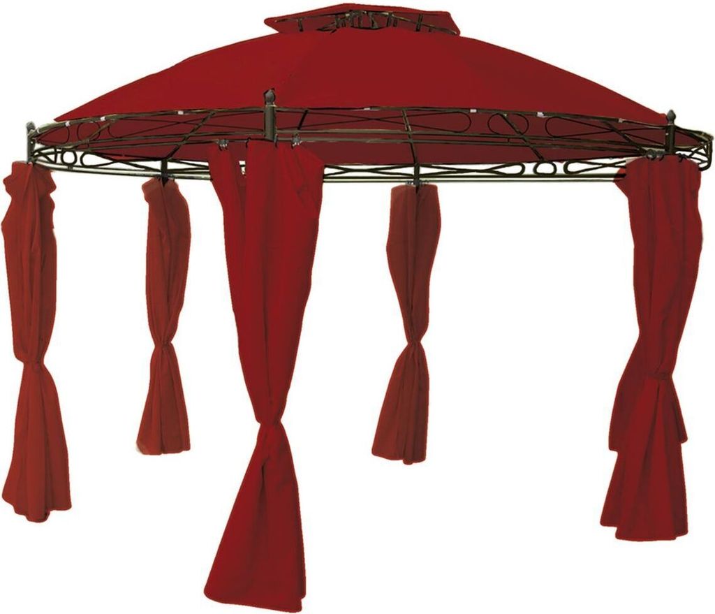 A red gazebo with curtains, shown against a white background.