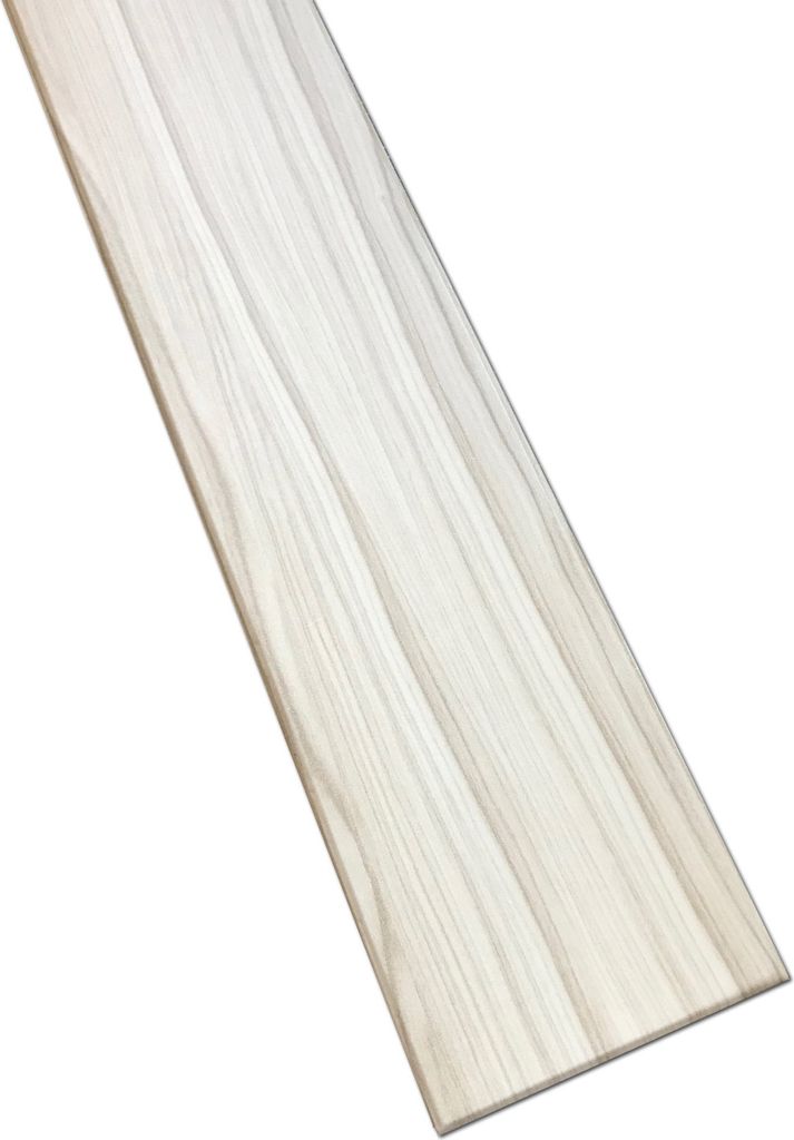 A single wooden plank with a light wood grain pattern, presented diagonally against a white background.