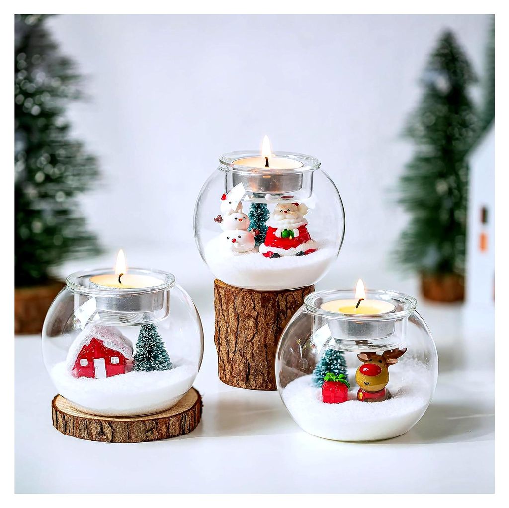 Weihnachtsdeko Tisch Teelichthalter: 3er Set Teelichtgläser mit Rentier, Schneemann und Weihnachtsbaum