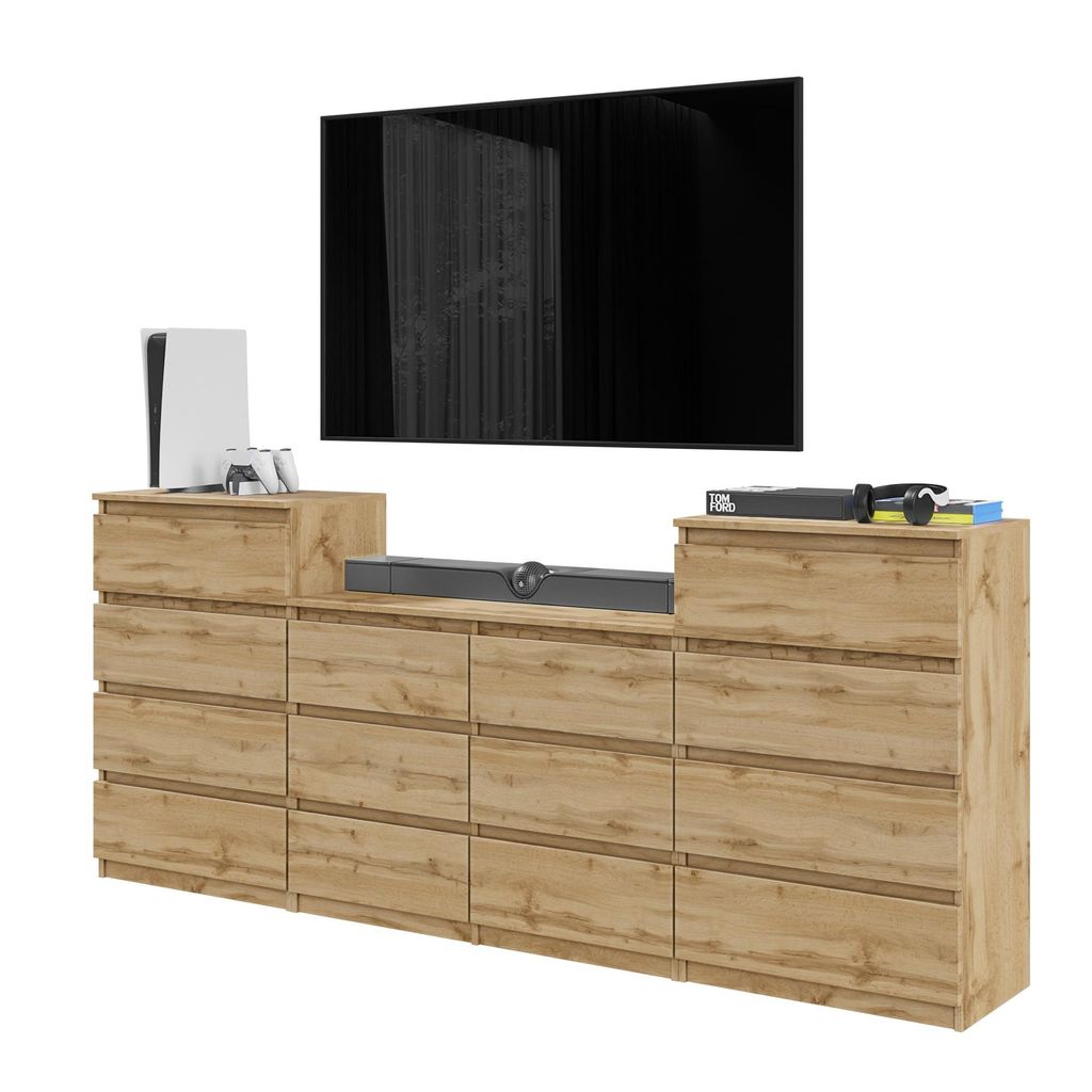 TV-Schrank / Kommode – 14 Schubladen, 220 cm – Wotan Eiche / Wotan Eiche – modernes Möbelset für das Wohnzimmer