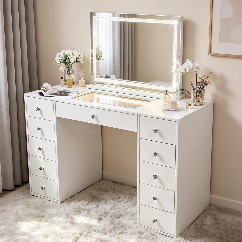 VANITII Coiffeuse avec Miroir LED Bluetooth 11 Tiroirs Image du produit 