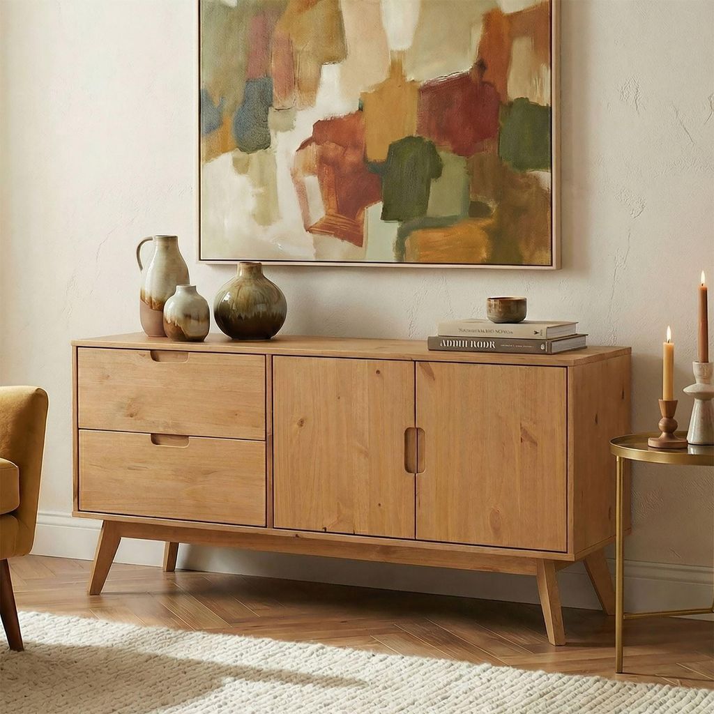 Sideboard TIVOLI skandinavisch aus Massivholz Eiche farben, Kommode mit 2 Türen und 2 Schubkasten, Anrichte