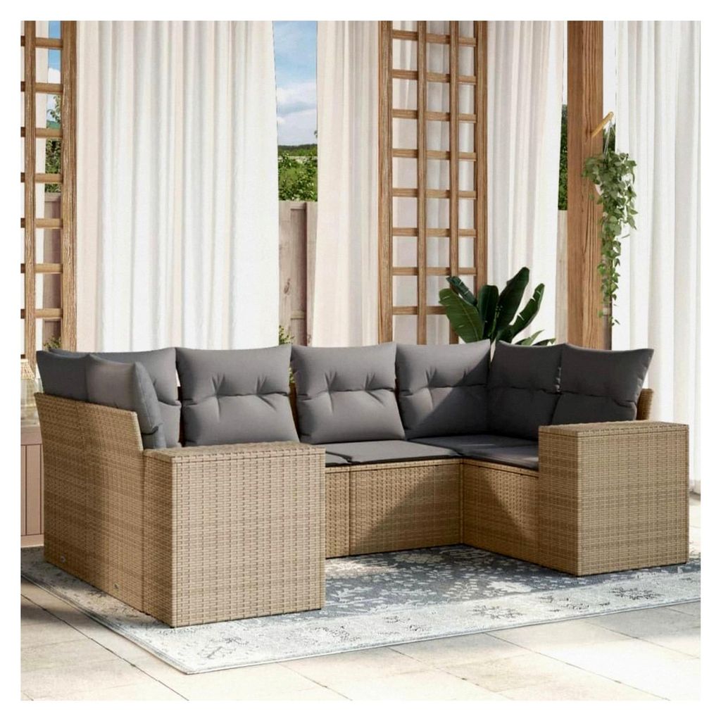 6-teiliges Garten-Sofagarnitur-Set mit Kissen in Beige aus Poly Rattan
