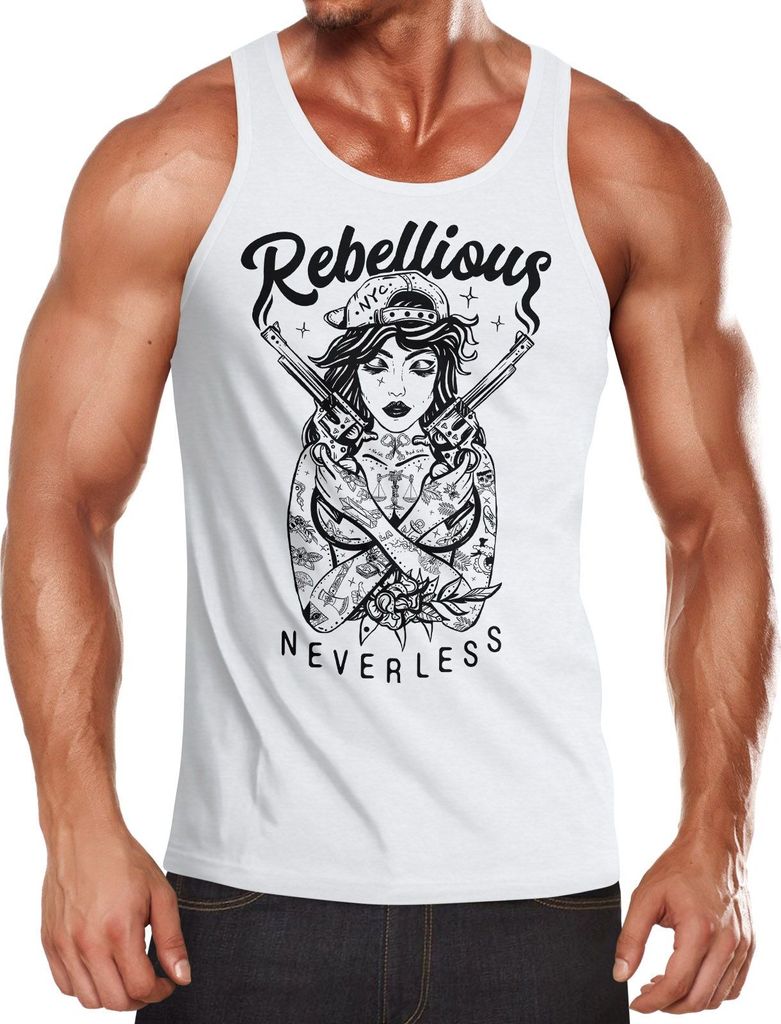 Herren Tank-Top Rebellious Girl with Guns Gangster Muskelshirt Muscle Shirt Neverless weiß 3XL