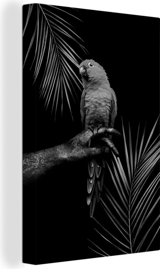 OneMillionCanvasses - Leinwandbilder - 90x140 cm, Tropischer Vogel vor schwarzem Hintergrund - schwarz und weiß, Wandbilder Kunstdruck Wanddekor...