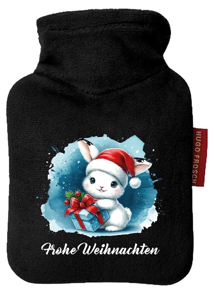 Huuraa Mini-Wärmflasche Süßer Hase Frohe Weihnachten 0,2 Liter Black Mini Veloursbezug Taschenwärmer Geschenkidee