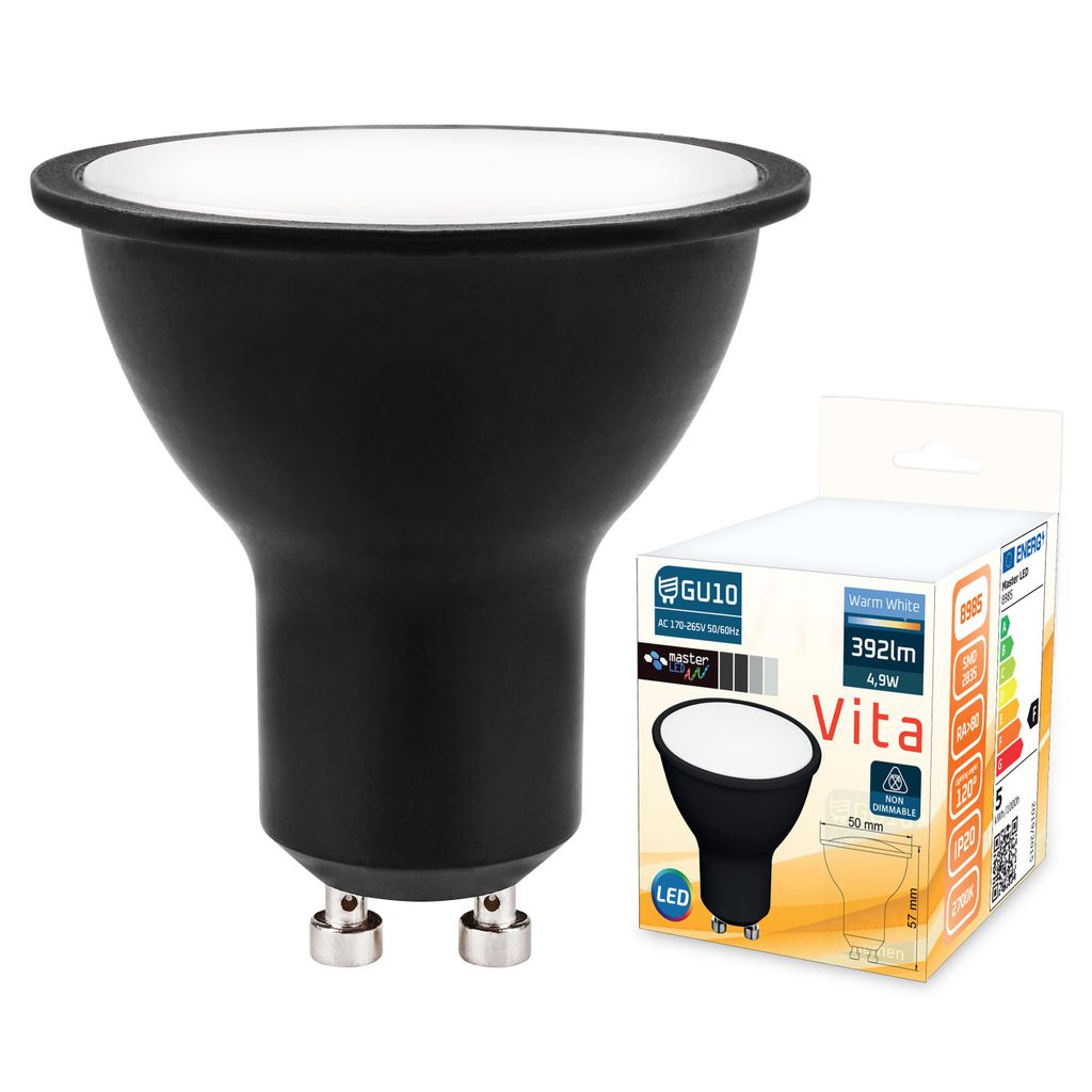 A black LED spotlight bulb and its packaging are displayed against a white background.