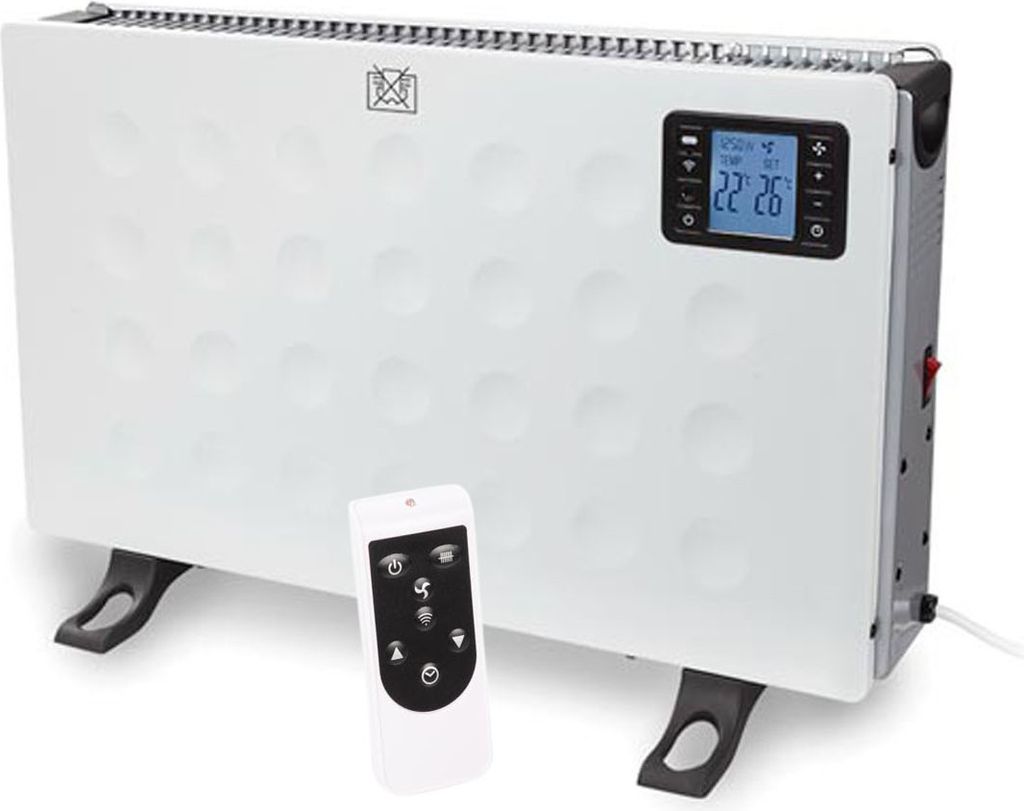 A white electric convector heater with a digital display and a remote control.