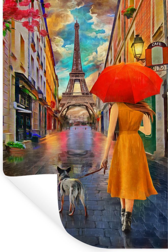 MuchoWow Wandtattoo Wandsticker Wandaufkleber Gemälde - Ölfarbe - Frau - Hund - Paris 40x60 cm Selbstklebend und Repositionierbar - Wierderverw...