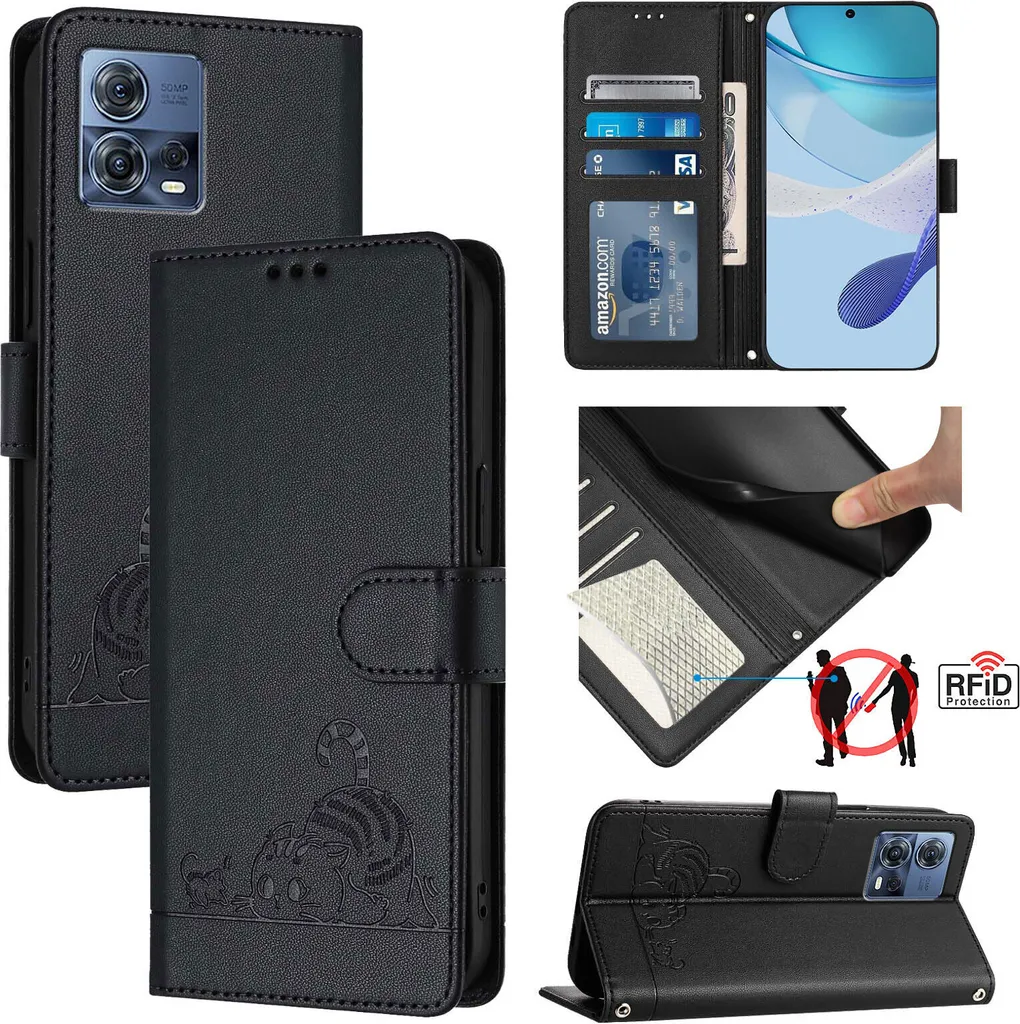 Custodia Motorola Moto G72 Antiurto: Cover Pelle Flip Gatto Nero