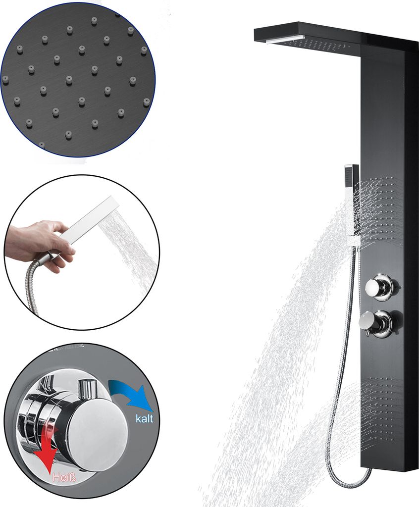 NAIZY Duschpaneel Duschsystem Edelstahl Mattschwarz Duscharmatur Duschset mit Regendusche, Massagedusche, Wasserfalldusche, Handbrause
