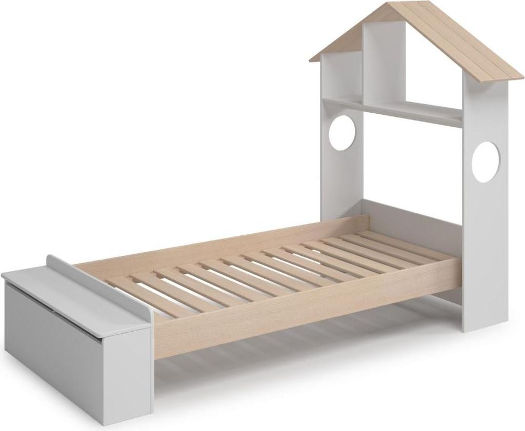 CALICOSY - Bett 90x190 cm mit Kopfteil in Form eines Hauses und Regalen - AMAYA