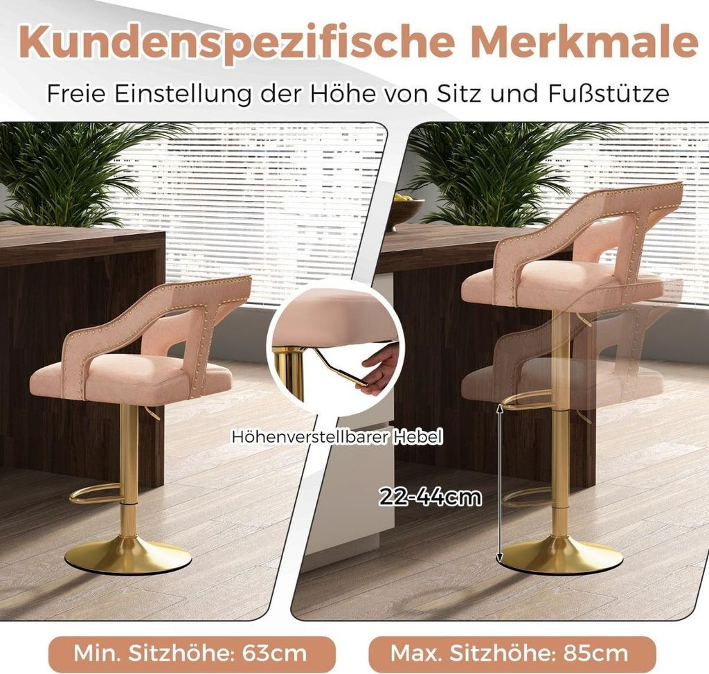 Verstellbare Barhocker aus Samt, Rosa, 2er-Set, 63-85 cm