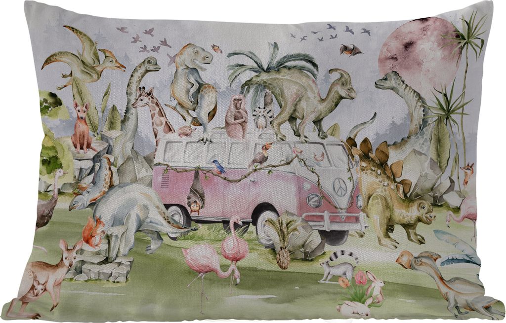 MuchoWow Outdoor Kissen - Dinosaurier - Kinder - Bus - Bäume - Tiere - Kinder - 50x30 cm - Wetterfest - Lounge Kissen - Sofa kissen - Wohnzimmer...