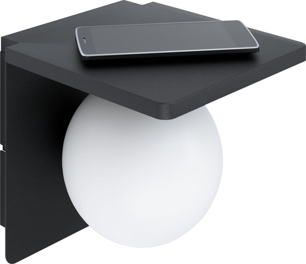 EGLO Wandlampe Ciglie, Wandleuchte, Material: Aluguss, Farbe: Schwarz, Glas: Opal-matt, weiß, inkl. QI-Charger (wireless charging), Fassung: E14