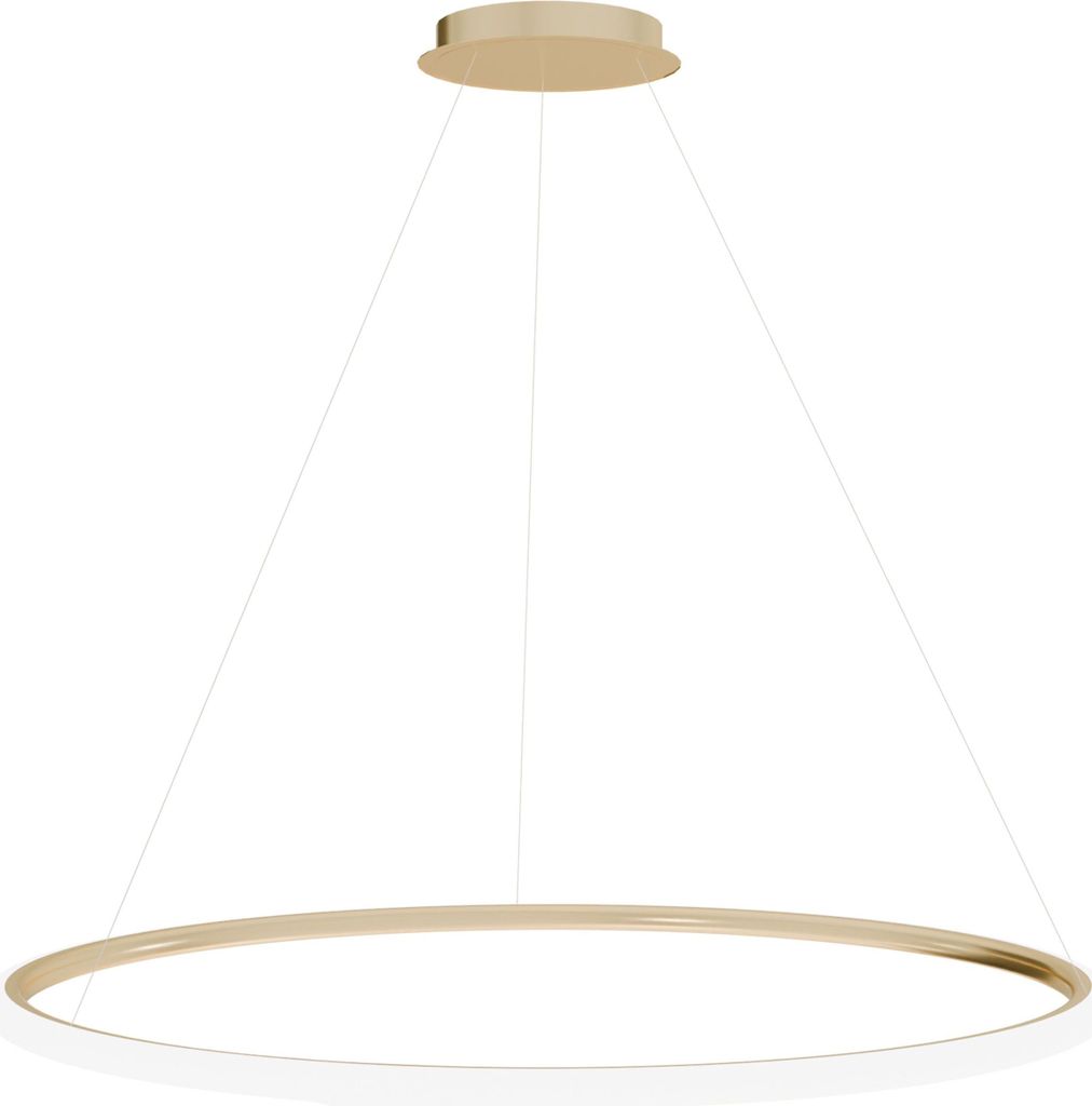 A gold circular pendant light fixture suspended by thin wires against a white background.