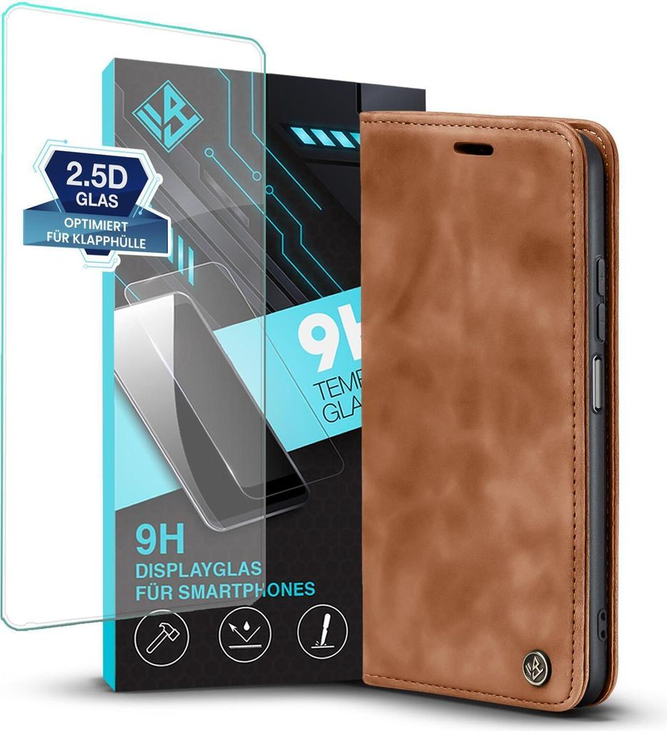 Handy Hülle für Xiaomi 11T / 11T Pro mit 9H Displayglas Klapphülle Bookcase Flip Cover Handy Tasche Etui Farbe: Hellbraun