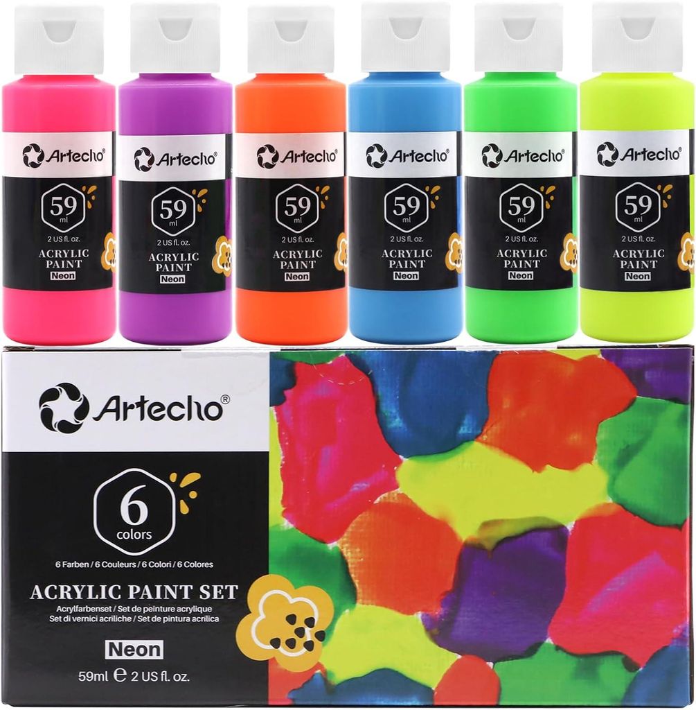 Artecho Acrylfarben Set Neon – 6 x 59 ml Flaschen – Leuchtende Neonfarben unter Schwarzlicht, vielseitig einsetzbar auf Leinwand, Holz, Glas u....