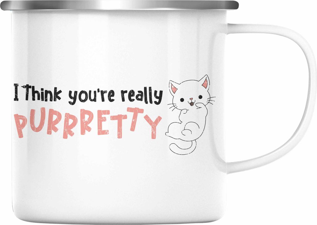 Trendation - Valentinstag Emaille Tasse Geschenk für Ihn Sie Lustig Katzenbesitzer Geschenkidee Becher Freund Freundin Liebe Paare (Silber)