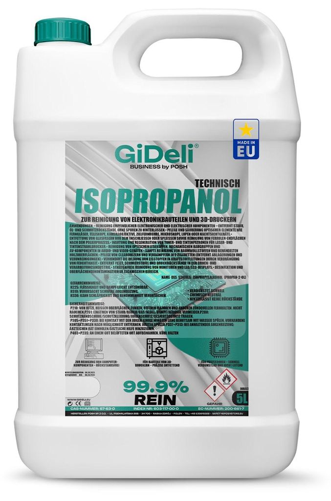 Isopropanol 5L Technisch 99,9% IPA Reiniger & Entfetter für Industrie GiDeli
