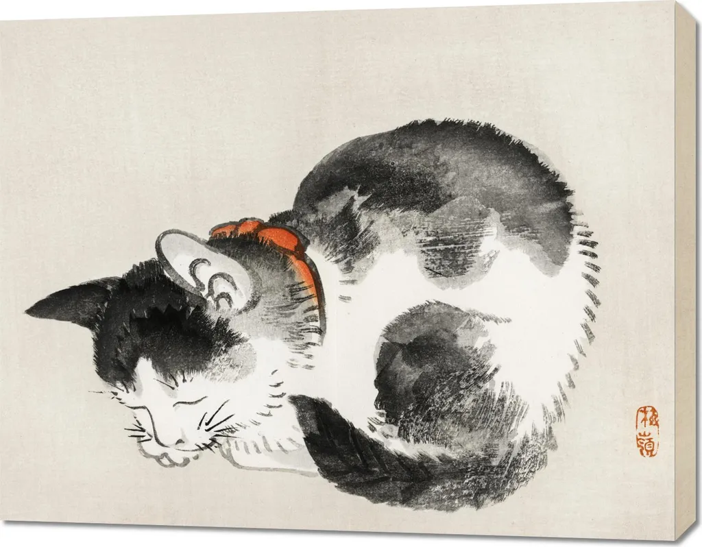 Tableau Japonais Vintage Chat Endormi Bairei Format Large 90 x 70 cm