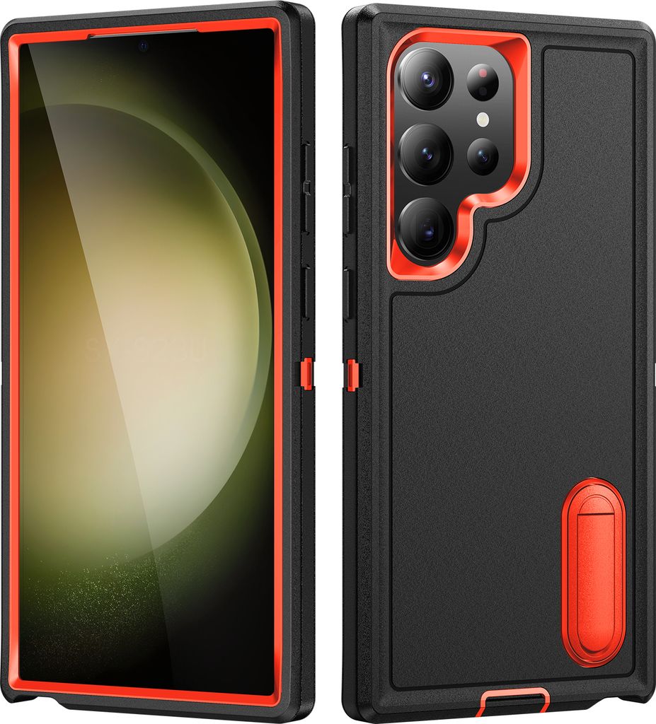 Hülle für Samsung Galaxy S23 Ultra Hybrid Dreilagige Robust Stoßfest Schwerlast Schutzhülle mit Ständer Schwarz Orange