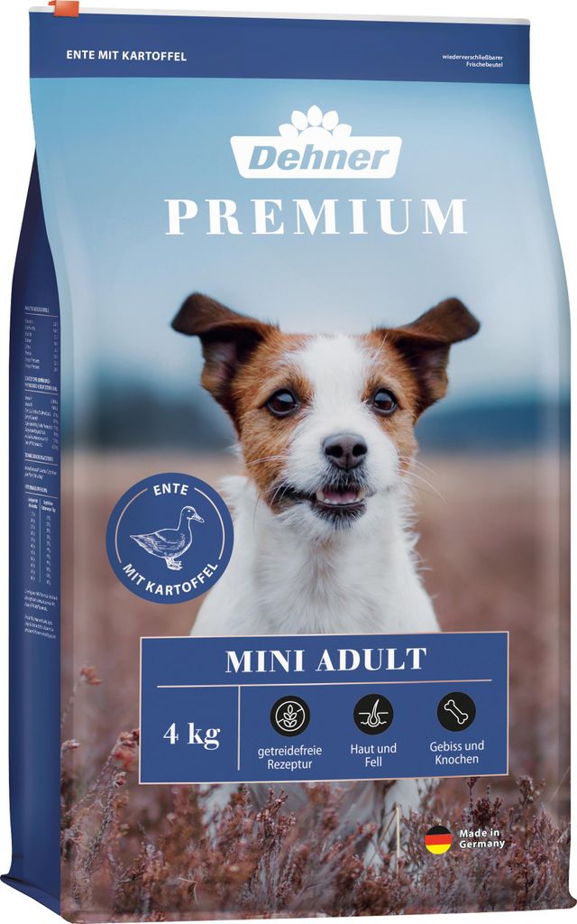 Dehner Premium Hundefutter, Trockenfutter getreidefrei, für ausgewachsene Hunde kleiner Rassen, Ente / Lamm / Kartoffel, 4 kg