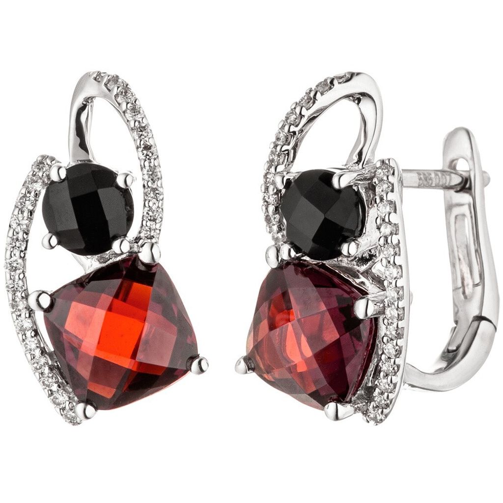 Ohrringe mit 48 Diamanten Brillanten Granat rot Onyx schwarz 585 Gold Weißgold