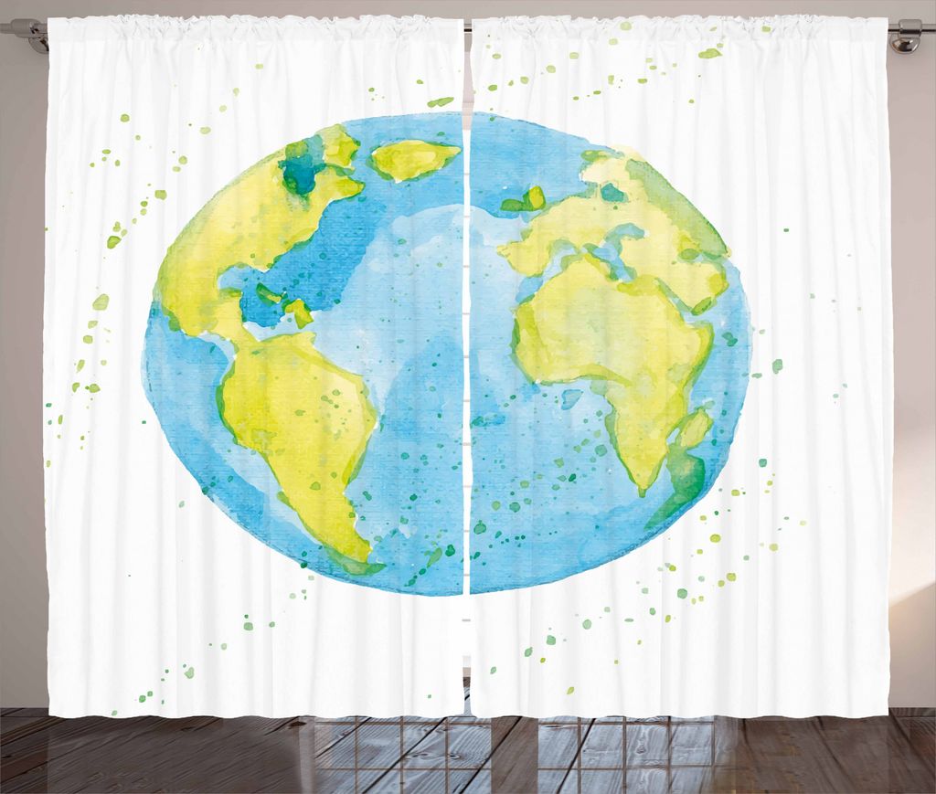 ABAKUHAUS Erde Rustikaler Vorhang, Aquarell-Stil Planet, Wohnzimmer Universalband Gardinen mit Schlaufen und Haken, 280 x 175 cm, Grün blau