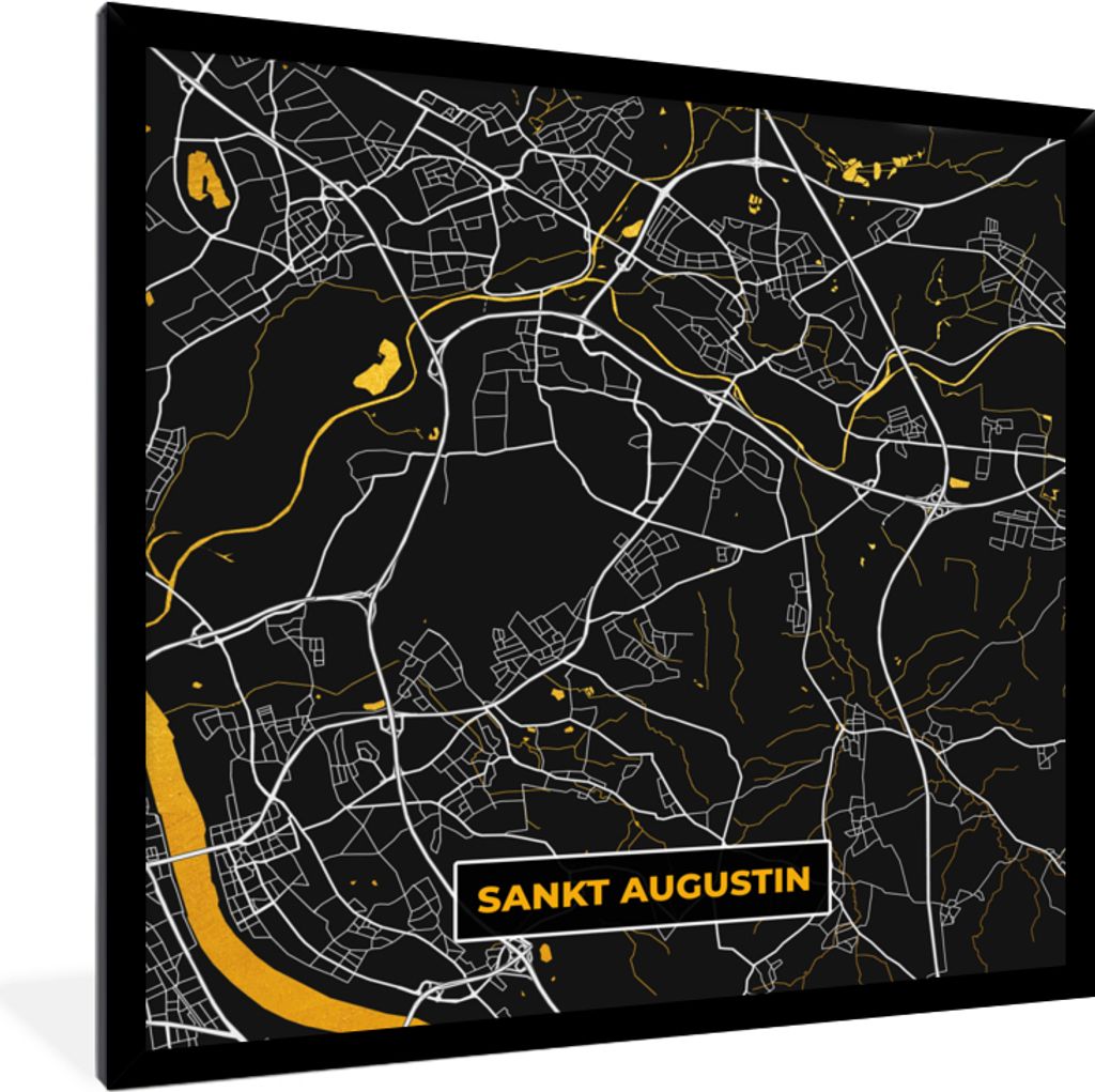 MuchoWow Gerahmtes Poster Gold - Deutschland - Karte - Stadtplan - Sankt Augustin 40x40 cm - Poster mit Schwarzem Bilderrahmen Wandposter Rahmen ...