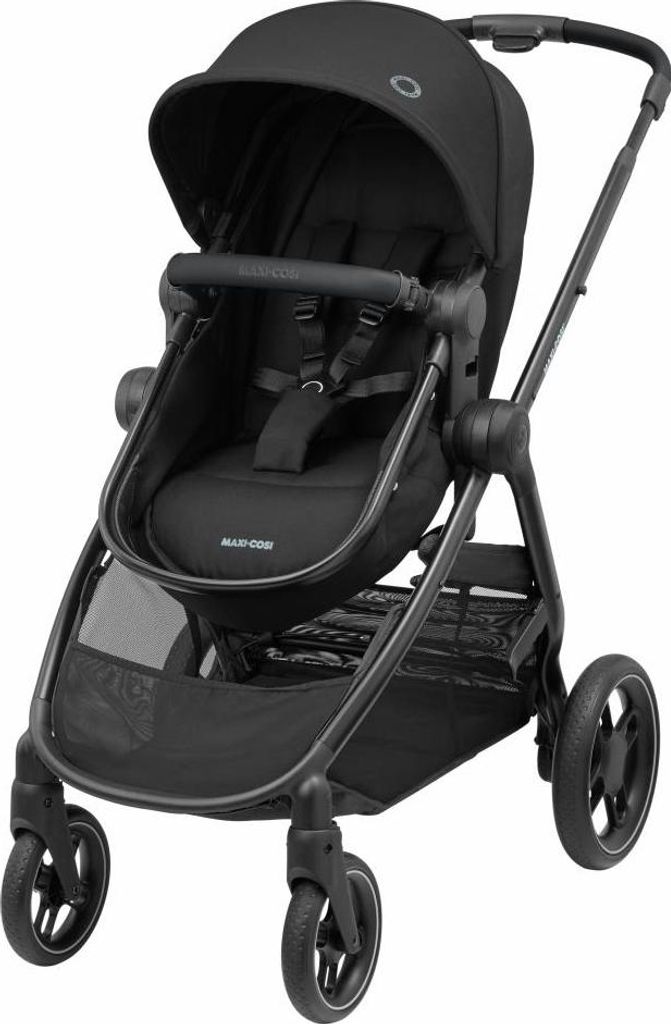 A studio shot of a black baby stroller.