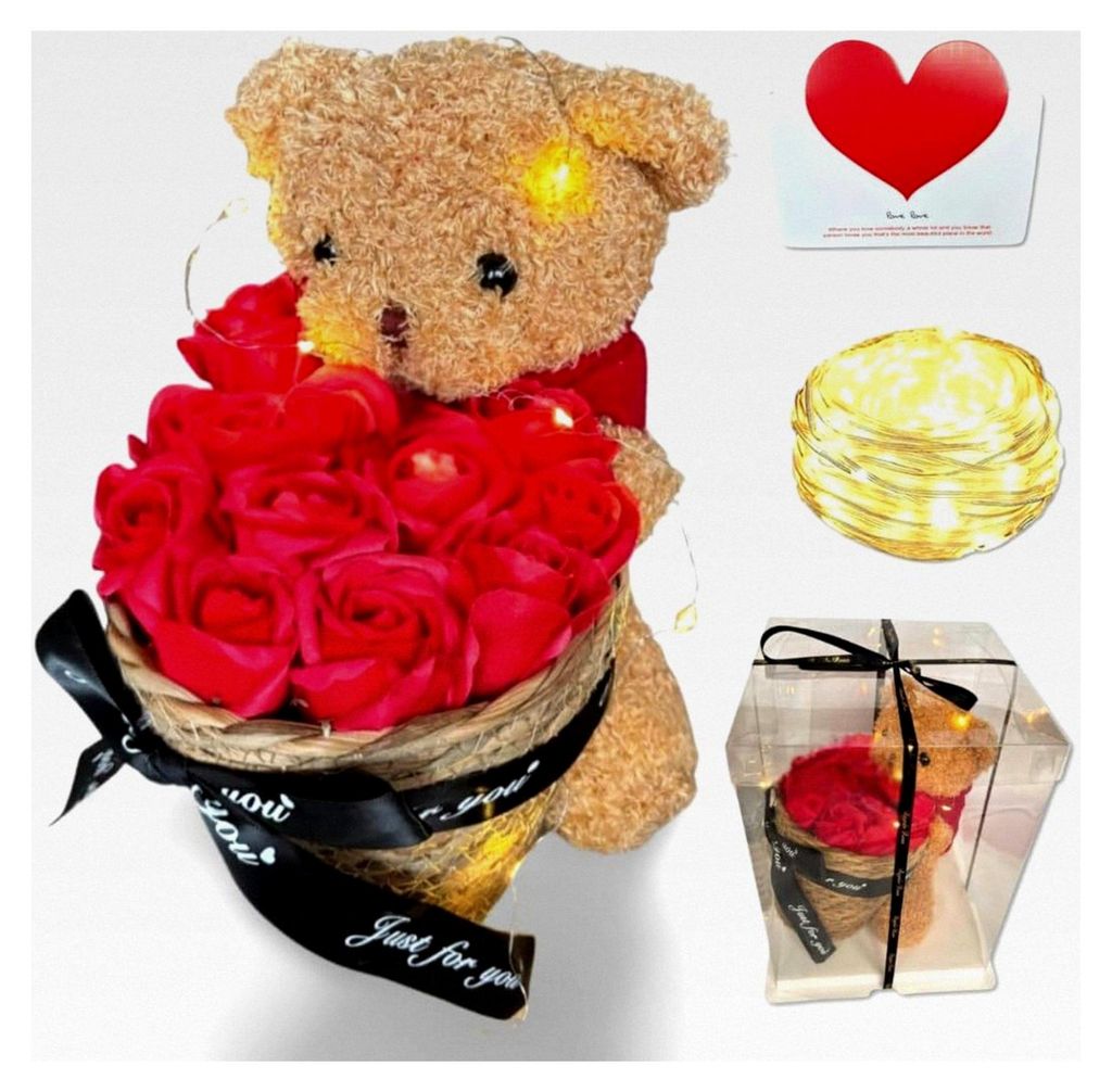 Teddybär mit ewigen Rosen im Geschenkkorb – ideales romantisches Geschenk für Ehefrau, Freundin, Valentinstag, Geburtstag und Hochzeit